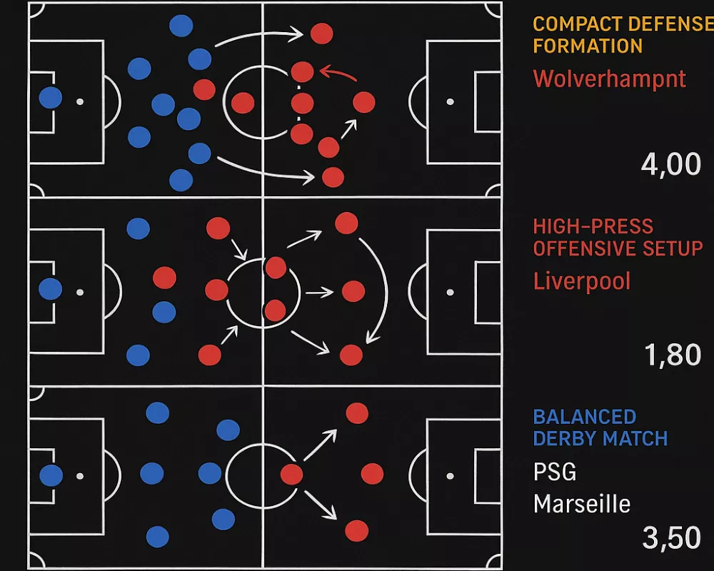 Schémas tactiques de différents scénarios de matchs de football avec formations défensives et offensives