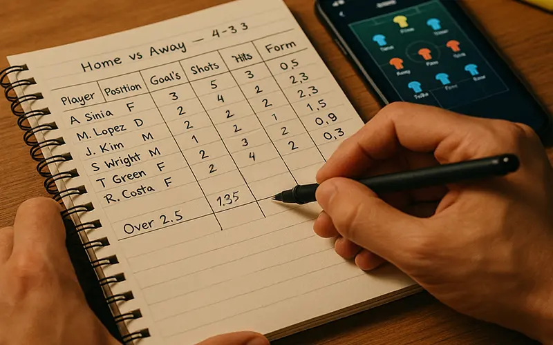 Personne analysant des statistiques de football dans un carnet avec un stylo