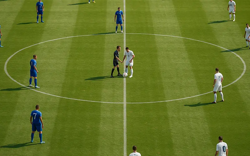 Joueurs de football au coup d'envoi d'un match sur un terrain de gazon