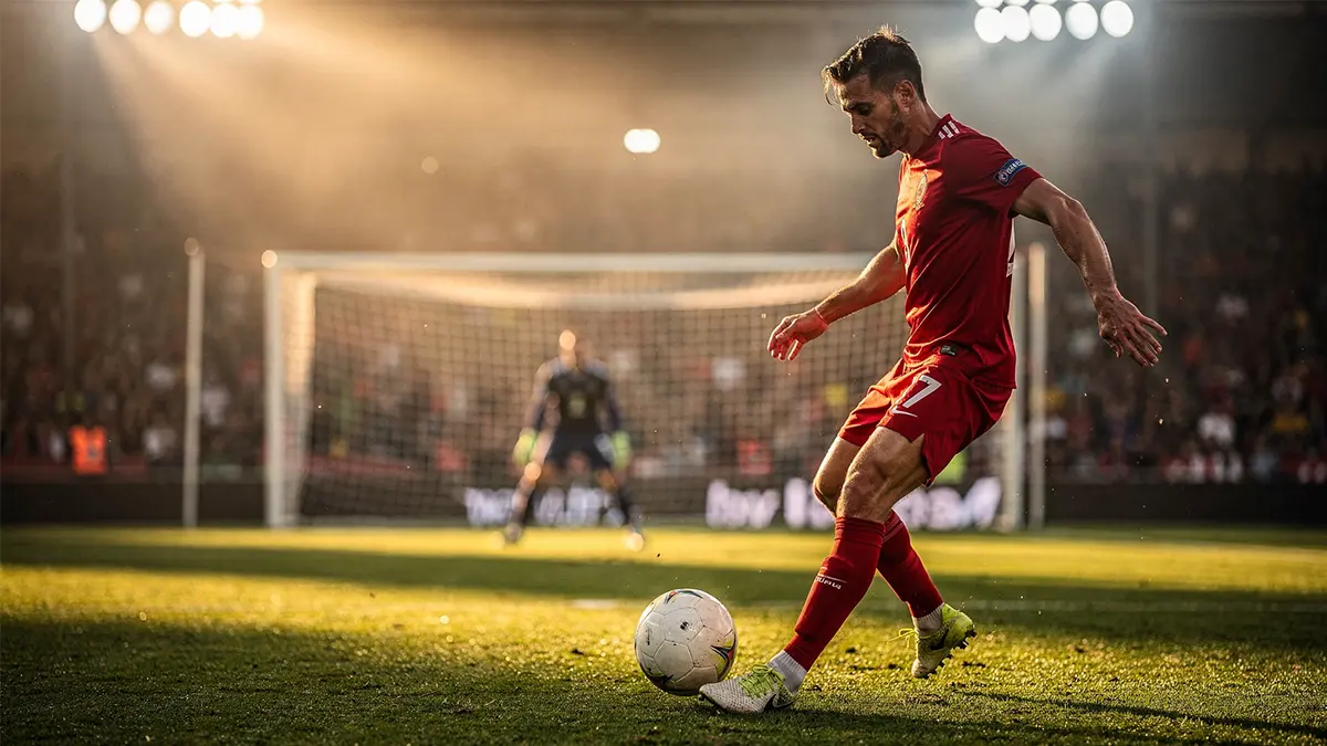 Attaquant de football s'apprêtant à frapper le ballon vers le but dans un stade