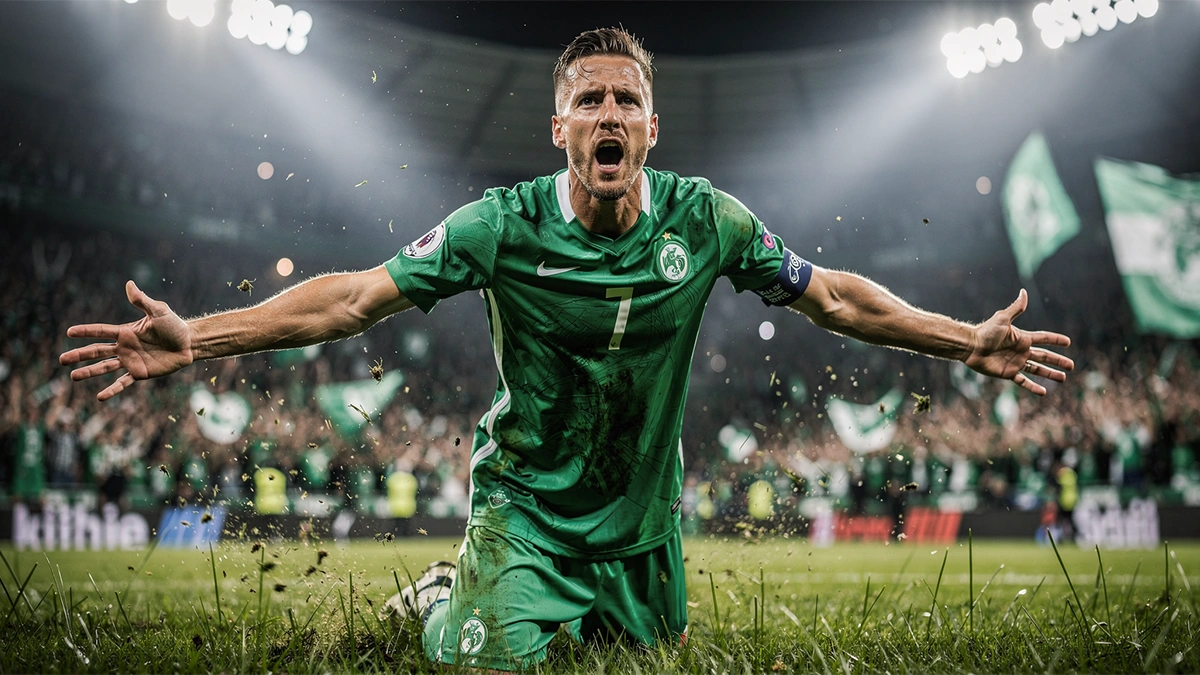 Attaquant de football expérimenté célébrant un but avec confiance