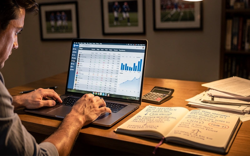 Personne analysant des statistiques de joueurs sur un ordinateur portable