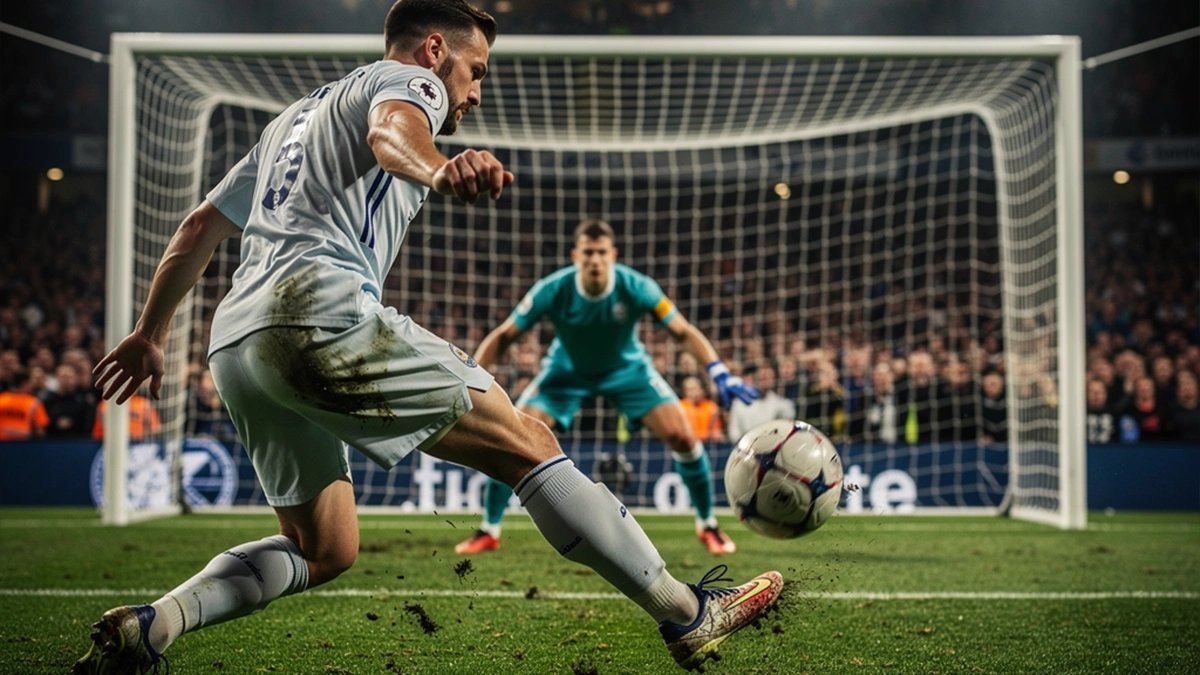 Attaquant professionnel en position de frappe face au gardien