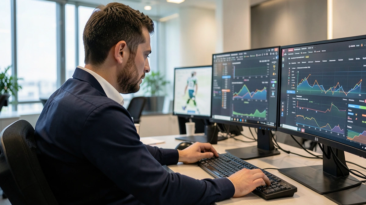 Analyste scrutant des données de football sur plusieurs écrans