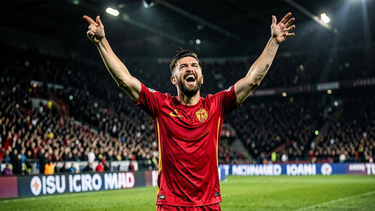 Attaquant de Ligue 1 célébrant un but dans un stade français