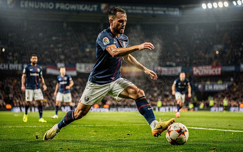 Joueur d'élite en position de frappe lors d'un match européen de nuit