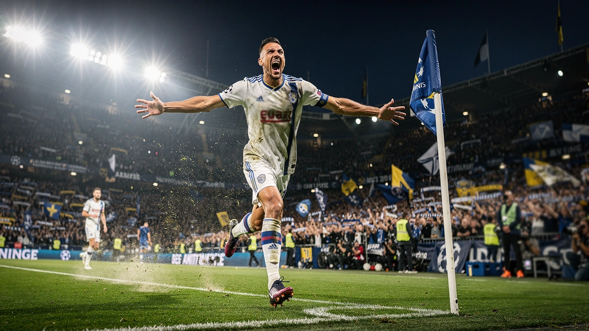 Attaquant célébrant un but en Ligue des Champions sous les projecteurs