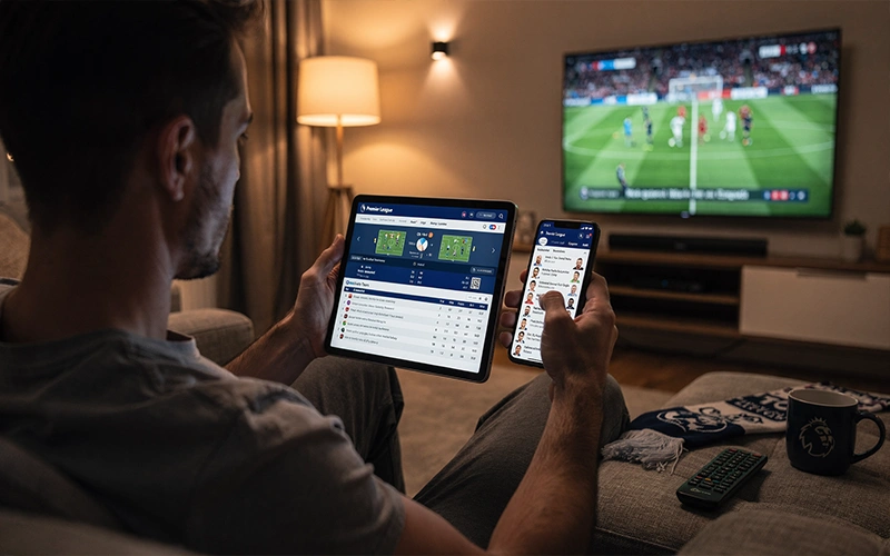 Personne suivant l'actualité de la Premier League sur tablette et smartphone