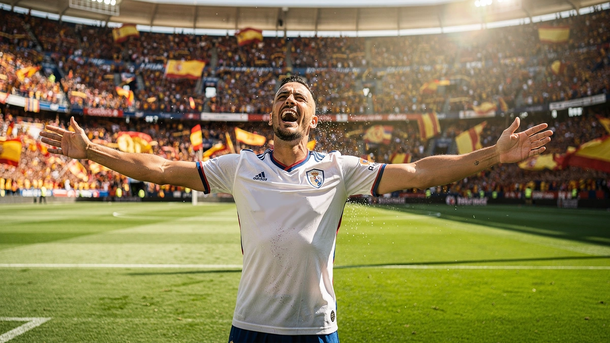Joueur de Liga célébrant un but dans un stade espagnol ensoleillé