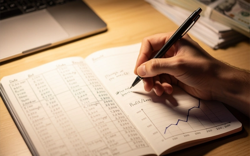 Personne organisant son budget de paris avec un carnet et des notes financières sur un bureau