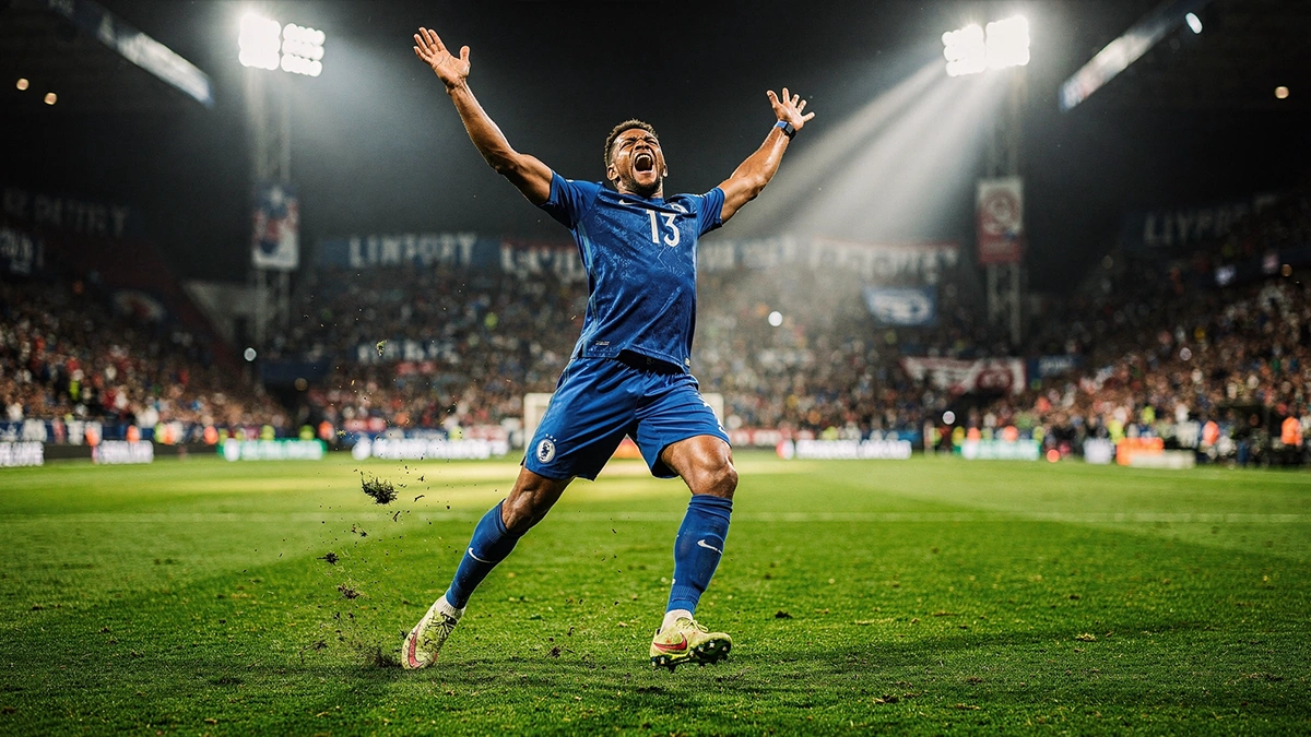 Joueur de football célébrant un but les bras levés dans un stade
