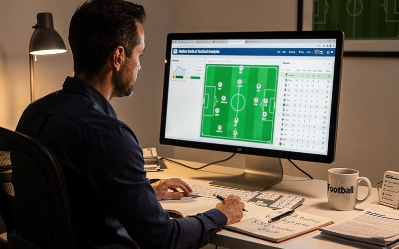 Analyste étudiant les tactiques du football italien sur écran