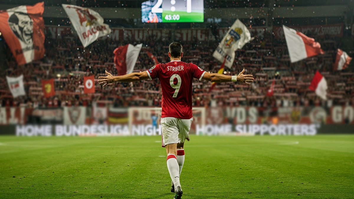 Attaquant de Bundesliga célébrant un but dans un stade allemand en fête