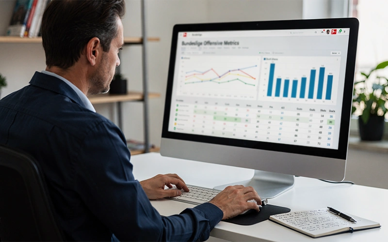 Analyste étudiant les statistiques de la Bundesliga sur écran