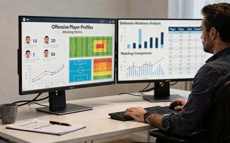 Analyste comparant données offensives et défensives sur écran