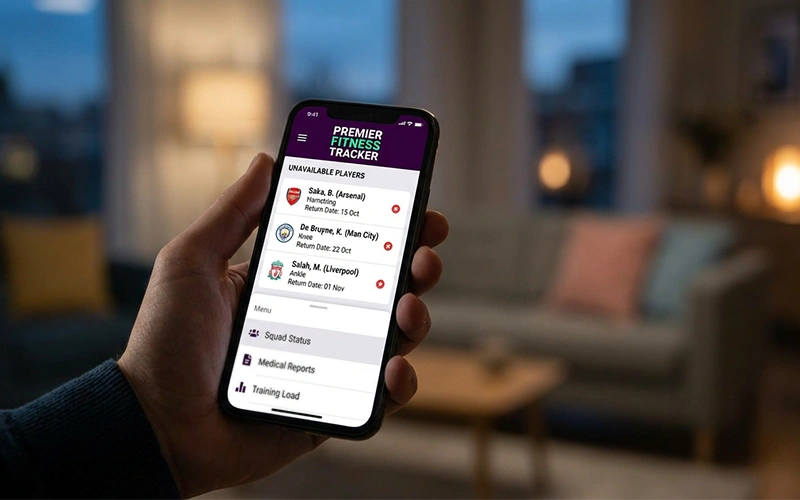 Smartphone affichant une application de suivi des blessures de joueurs