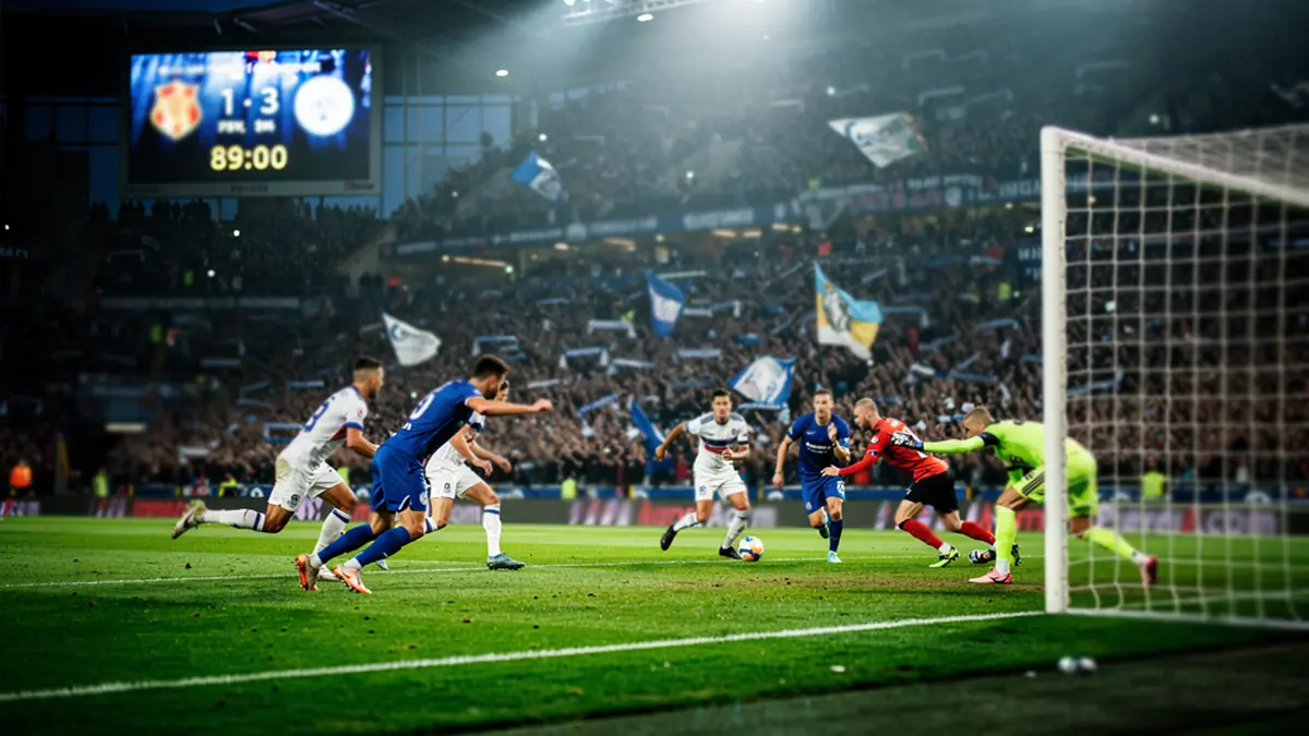Match de football en fin de partie avec le panneau d'affichage montrant les dernières minutes