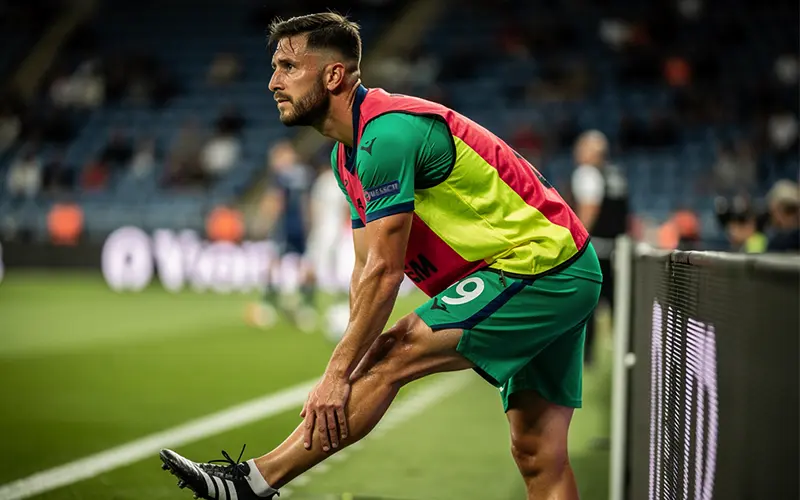 Joueur remplaçant s'échauffant sur le bord du terrain de football