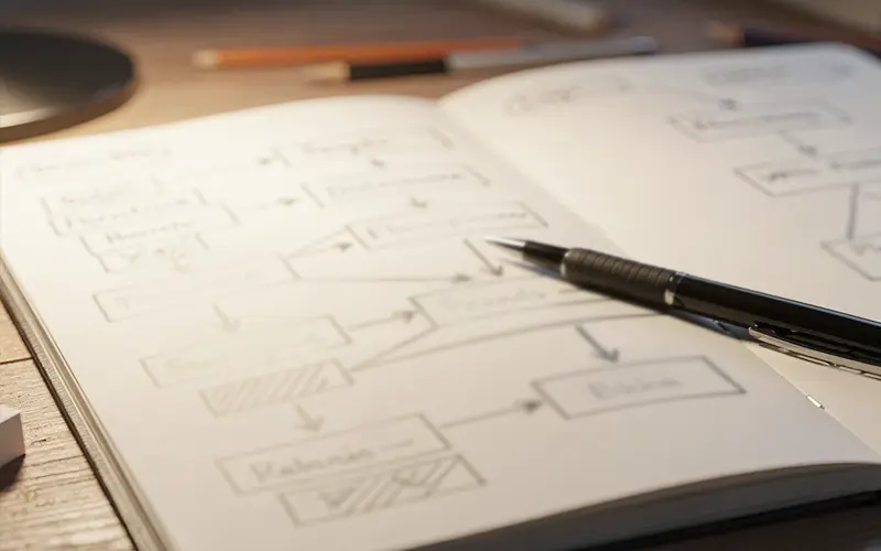 Carnet de notes ouvert avec un plan stratégique de paris sportifs dessiné à la main