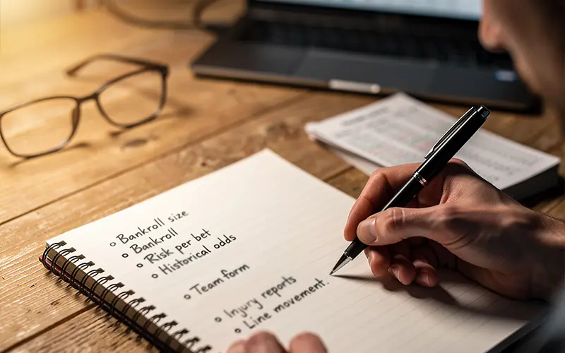 Personne rédigeant une liste de critères d'analyse dans un carnet avec concentration