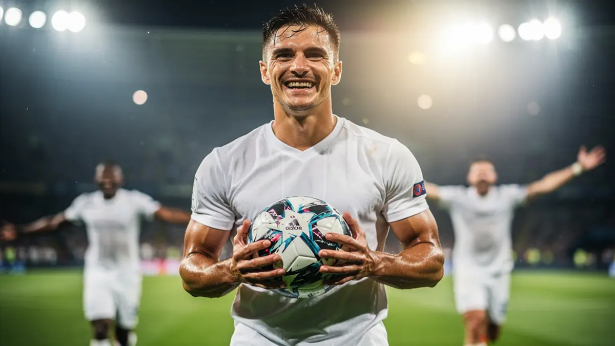 Joueur de football tenant le ballon du match après avoir marqué un triplé