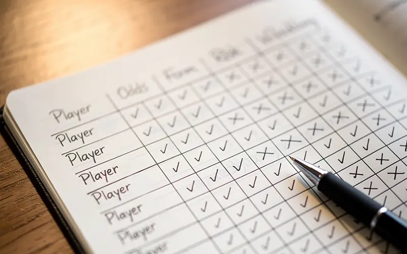 Personne analysant différentes options de paris dans un carnet avec des annotations