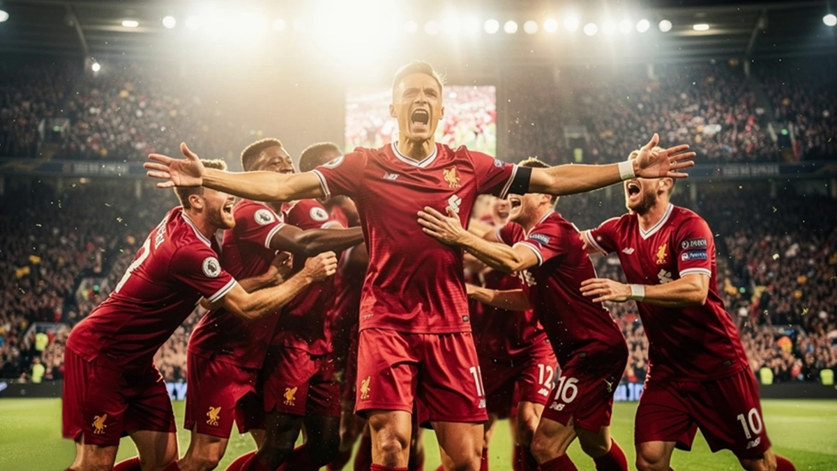 Joueur de football célébrant un but décisif avec ses coéquipiers dans un stade