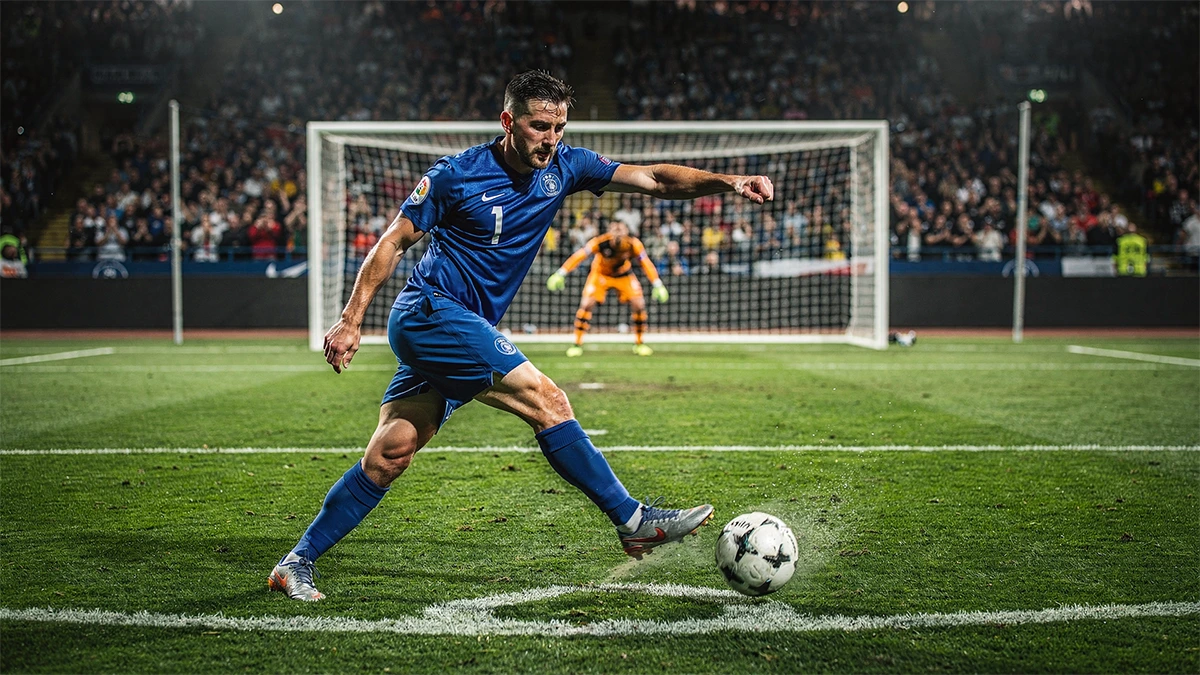 Attaquant de football en position de frappe dans la surface de réparation