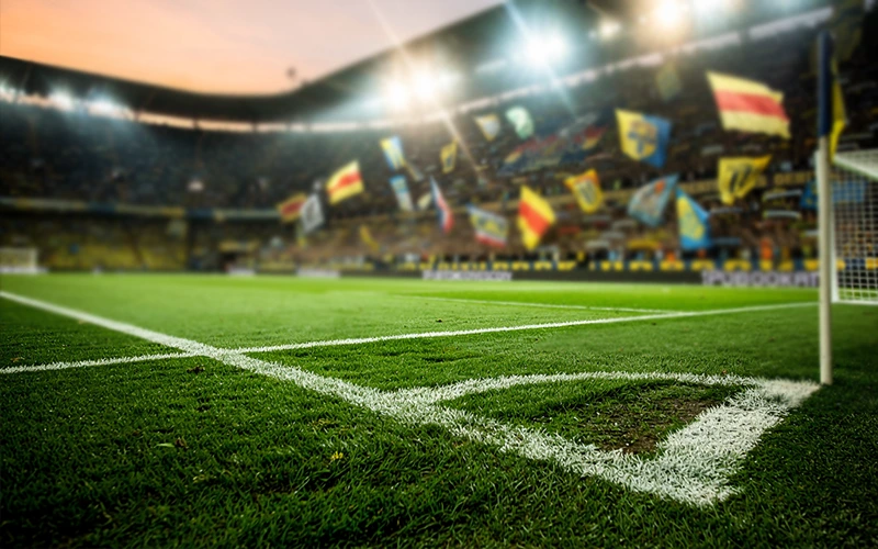 Stade de football montrant un match à domicile avec des supporters enthousiastes