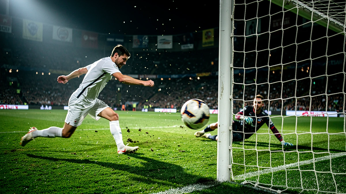 Joueur de football marquant un but dans un stade de nuit