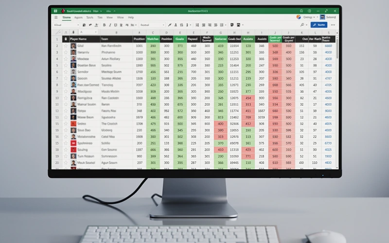 Tableur de suivi des statistiques de buteurs sur un écran d'ordinateur