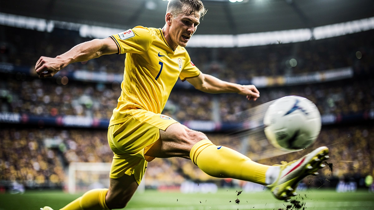 Joueur de football frappant le ballon vers le but avec puissance