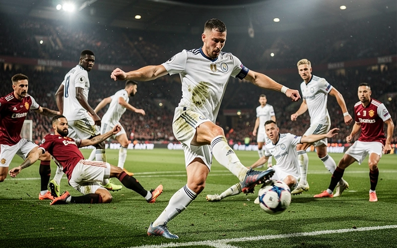 Attaquant de football multipliant les tentatives de frappe pendant un match