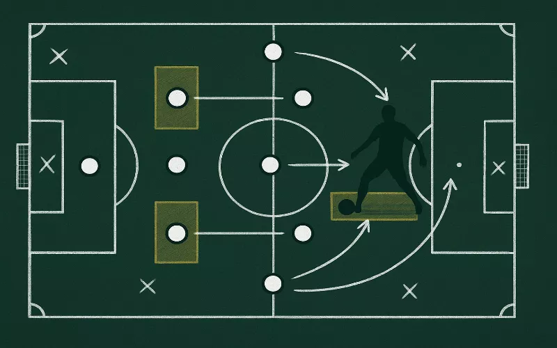 Vue tactique du terrain de football montrant le système 4-3-3 et le positionnement du buteur