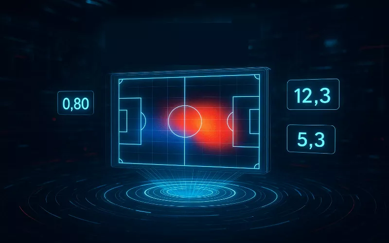Visualisation futuriste de l'analyse des Expected Goals (xG) avec carte de chaleur des zones de tir